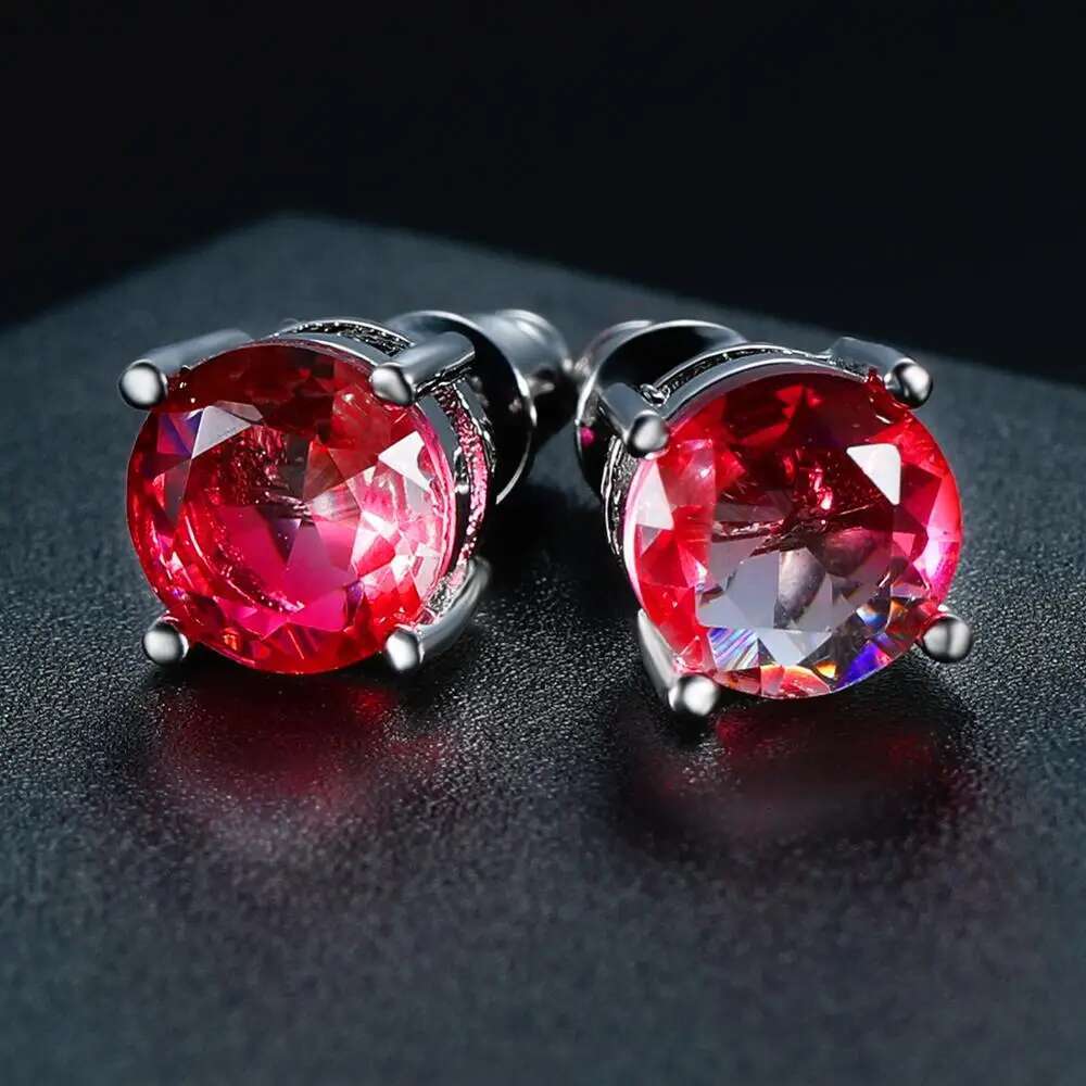Red Crystal Round Stone Stud For Women Men Wedding Jewelry Mystic Rainbow Fire Blue Green Zircon Double Earrings