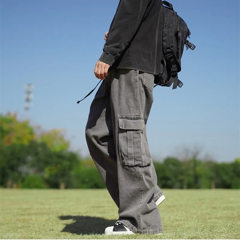 Solid Hip Hop Harajuku Jeans Vintage Large Pants Men Pockets Wide Leg Baggy Jeans Men Streetwear Straight Denim Cargo Pants 250228