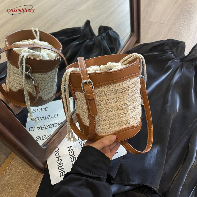 Summer popular bucket for women 2025 new niche design crossbody casual vacation grass woven shoulder bag #swissmilitary