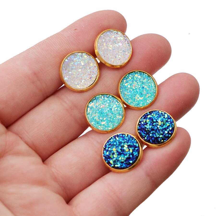 6pair/lot Glitter Round Stud Gold Color Stainless Steel Jewelry for Women Colorful Resin Druzy Drusy Ear Studs Earrings