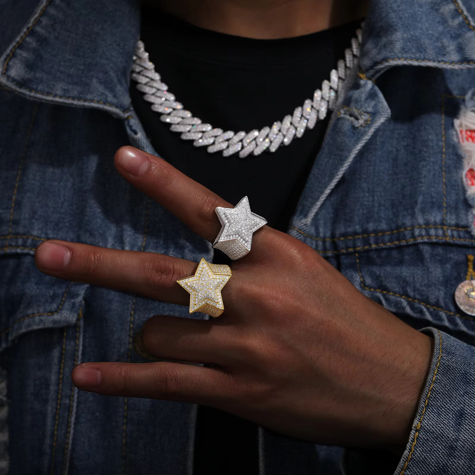 Hip Hop Fashion 3D Star VVS D Moissanite Ring Sparkling 925 Sterling Silver Ring Jewelry for Wedding Party Gift Engagement