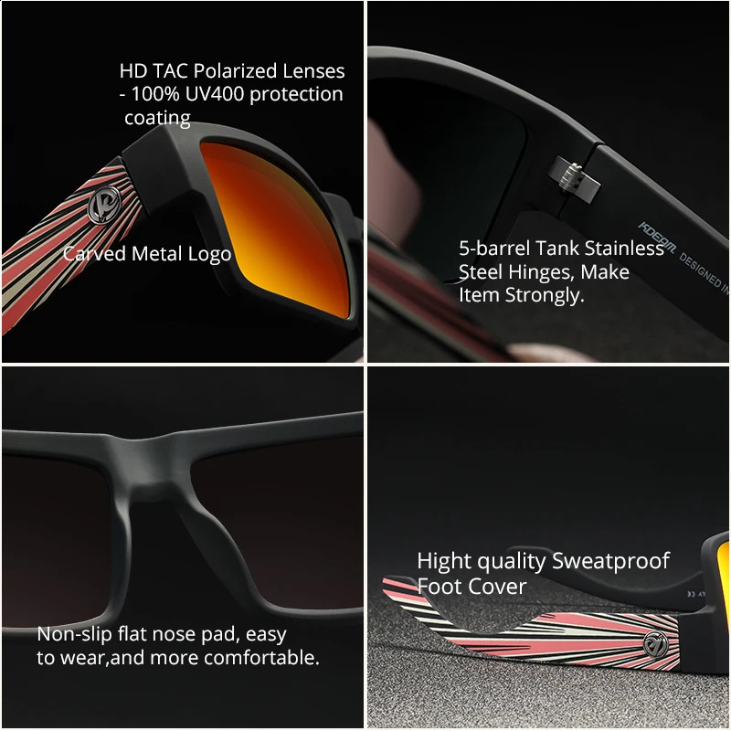 KDEAM All Black Polarized Sunglasses Unisex Square Shaped Polarizing Lens Wide Legged Sun Glasses Fishing Driving Mens Shades 250221