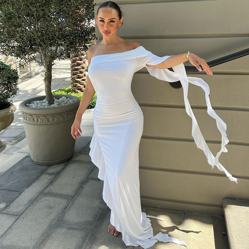 Women's New Summer New Fashion Personalized One Shoulder Pleated Solid Color Slim Fit Dress