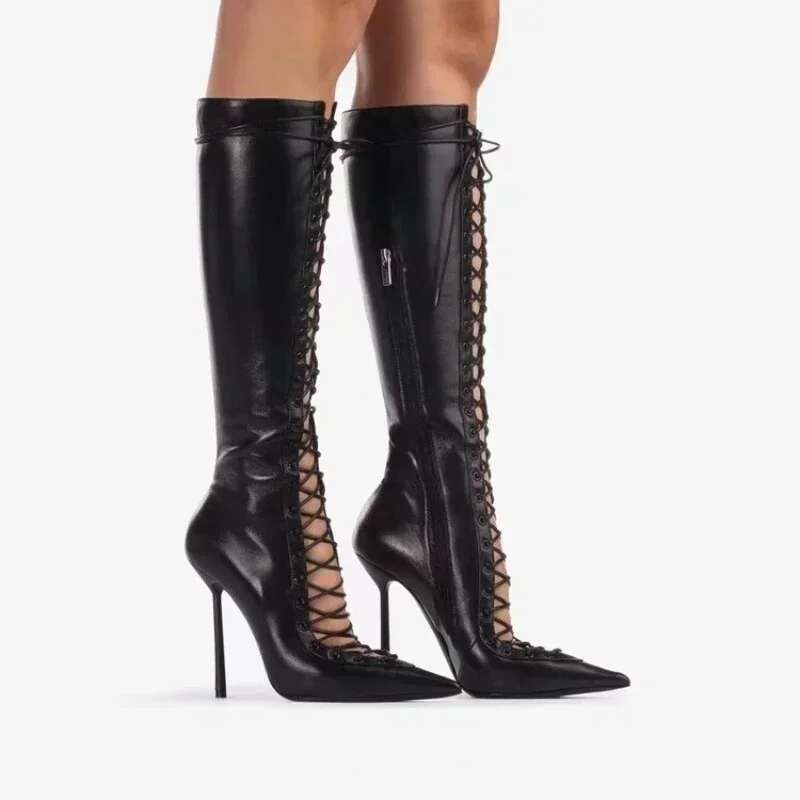 Spring/Summer New Lace Up Short Cool Side Zipper Banquet Slimming High Heels Sexy Knee Length Women's Boots