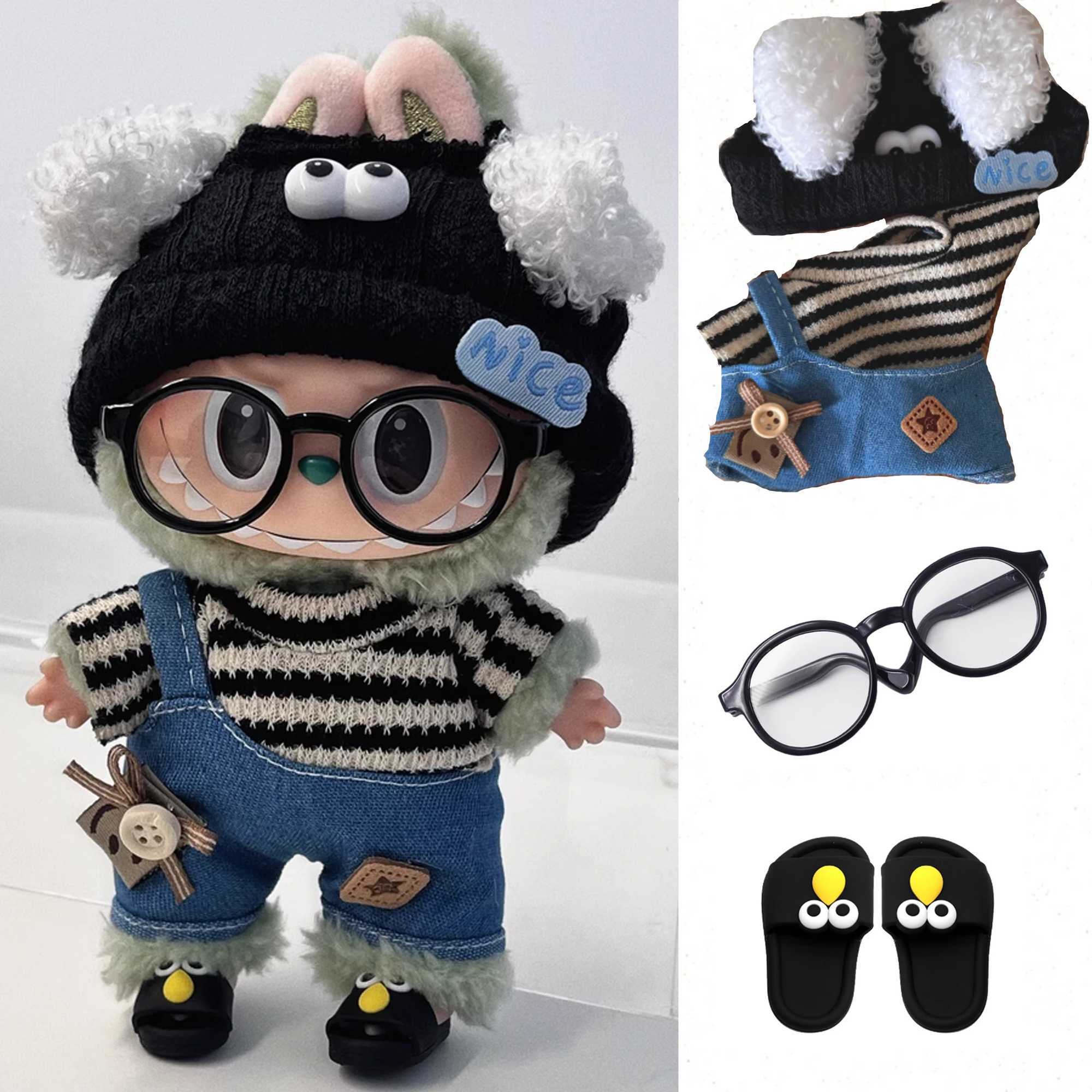 17cm Mini DollS Clothes Outfit Accessories For Korea Kpop Exo Labubu Idol V1 V2 Striped sweater overalls glasses hat Clothing W250301