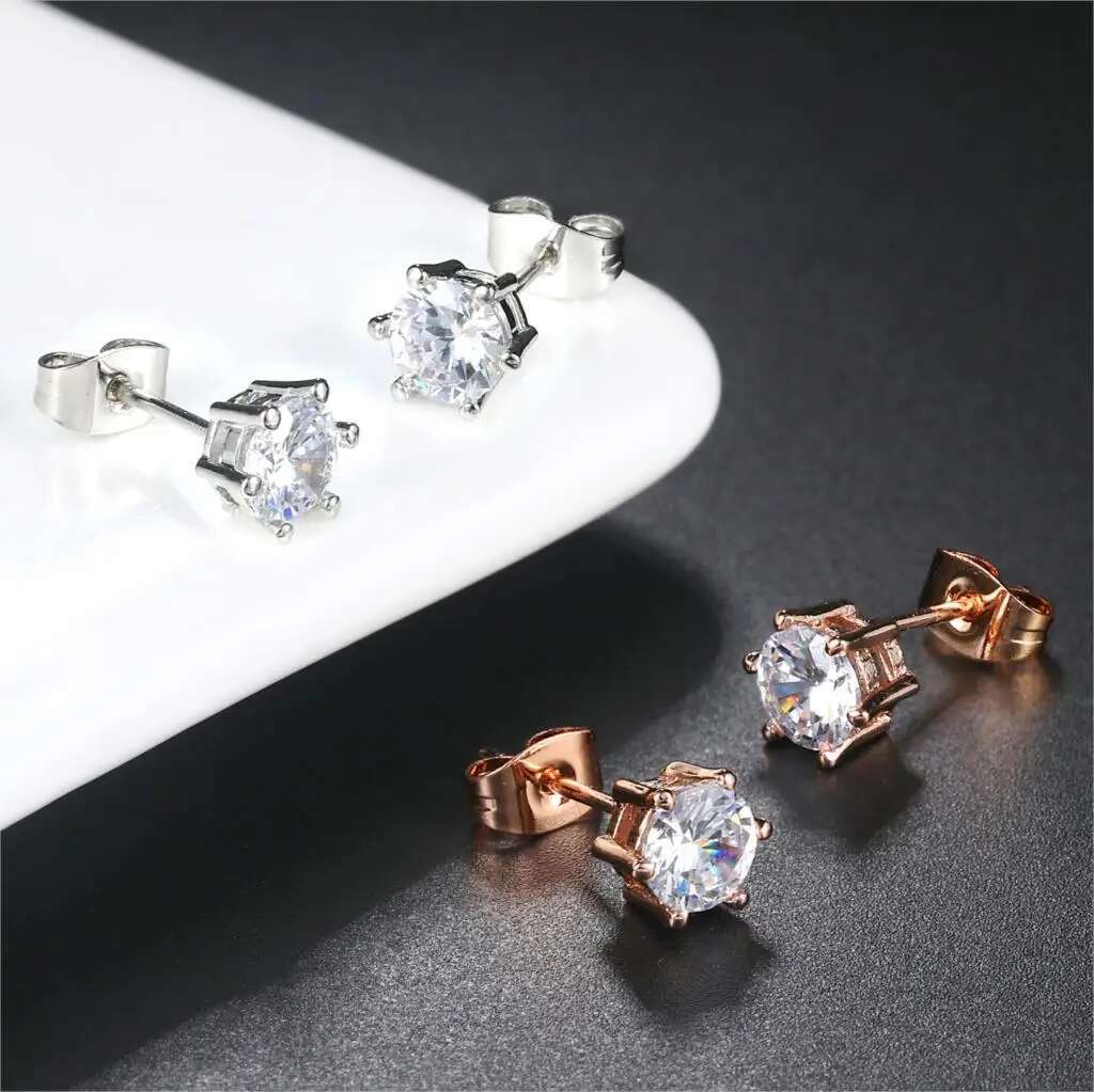 Classic Zirconia Stud Earrings for Women Men Sparkg Crystal Rose Gold Color Wedding Engagement Ear Accessories Jewelry E035