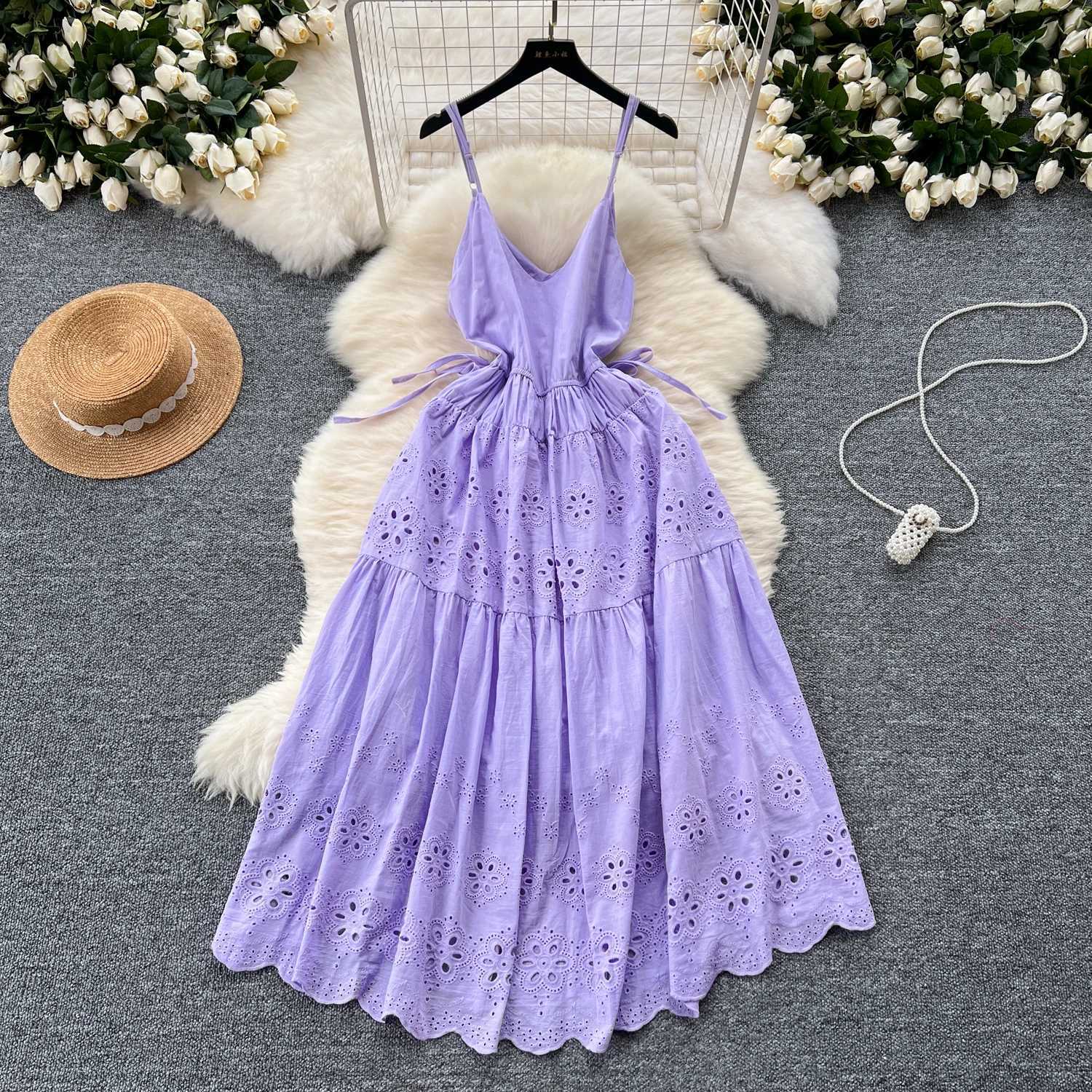 Basic Casual Dresses Korean Sexy Backless bandage cut out Embroidery Slip Dress A-line Chic Casual Beach Vacation Women Summer Vintage Dresses J250301