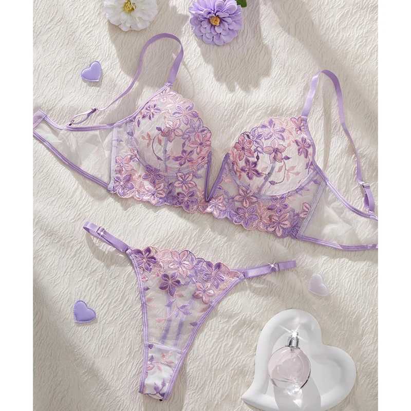 Womens Lingerie Ultra Sexy Romantic Purple Lingerie Set Deep V Push Up Bra Mesh Underwear Bi-color Embroidery Fancy UnderwearXJ250301