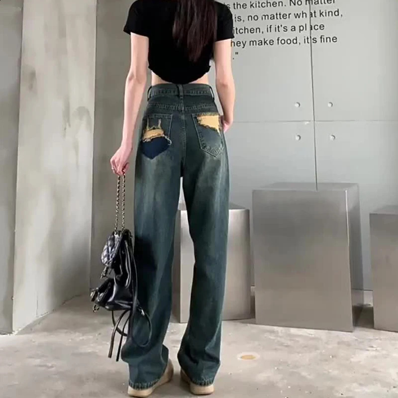 Wide Leg Jeans For Women High Waisted Contrasting Straight Leg Pant Autumn lady Loose Pants Streetwear 250225