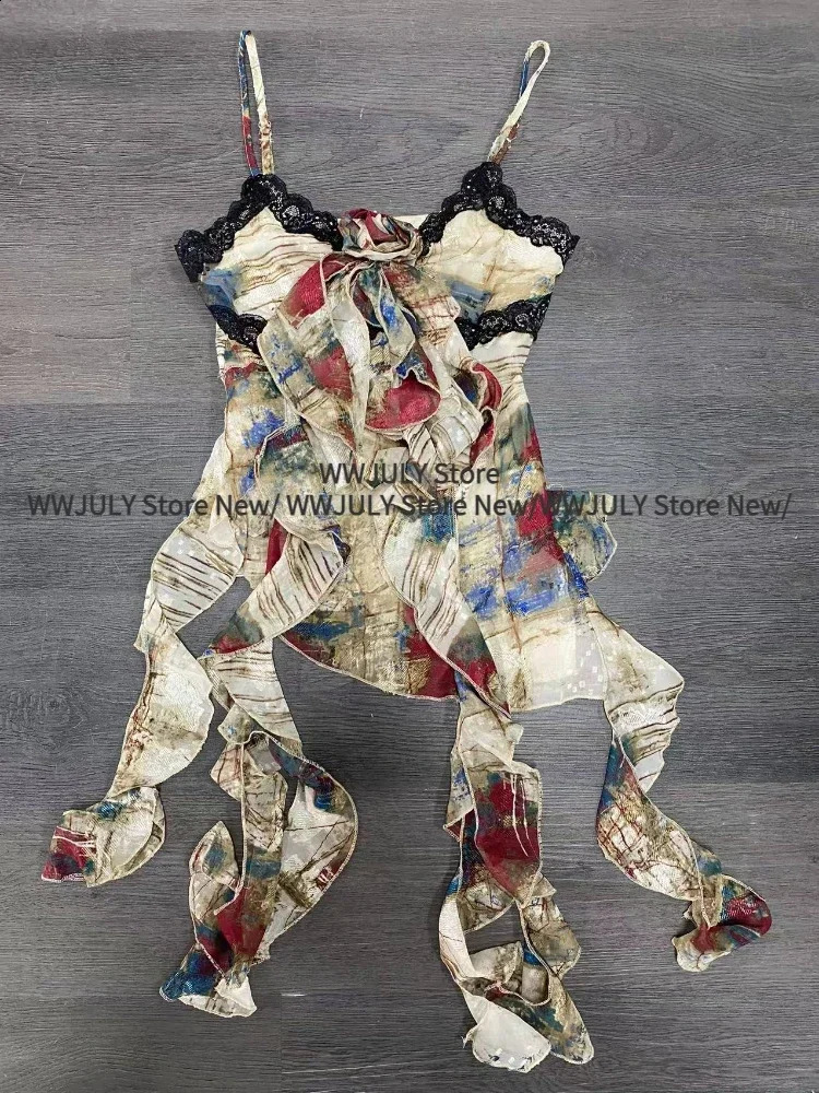 American Style Sexy Gyaru Halter Top Women Sweet Print Slim Camisole Summer High Street Coquette Asymmetrical Tees 250226bj