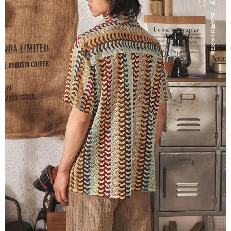 Japanese Style Summer Mens Turn-down Collar Button Hollow Out Contrast Color Jacquard Half Sleeve Loose Shirt Tops 250224