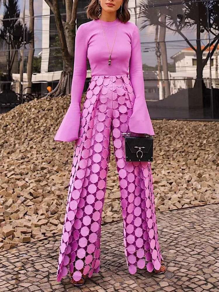 Solid Designer Wide Leg Pants For Women High Waist Hollow Out Loose Casual Dot Trousers Female Fashion Clothes New