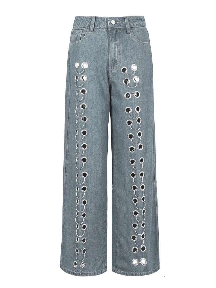 DEAT Fashion Women Denim Pants Loose Low-Waisted Metal Hollow Out Or-Length Straight Blue Lady Jeans Spring 2025 New 19F2031