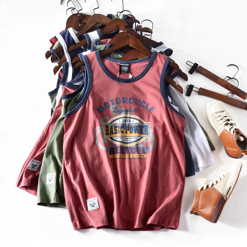 American Letter Print 100% Cotton Sleeveless Vest for Men Vintage Summer Casual Loose Versatile Camisole T-shirt Tees Tank Tops 250225