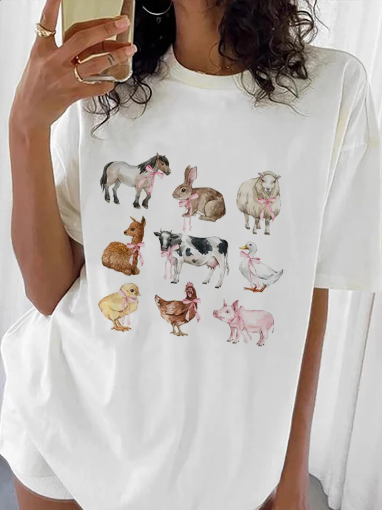 Farm Animals Printed Top Cartoon Print Summer Fashionable Womens T-Shirt Pattern Print O-Neck Fun Casual Trend Street T-Shirt 250225