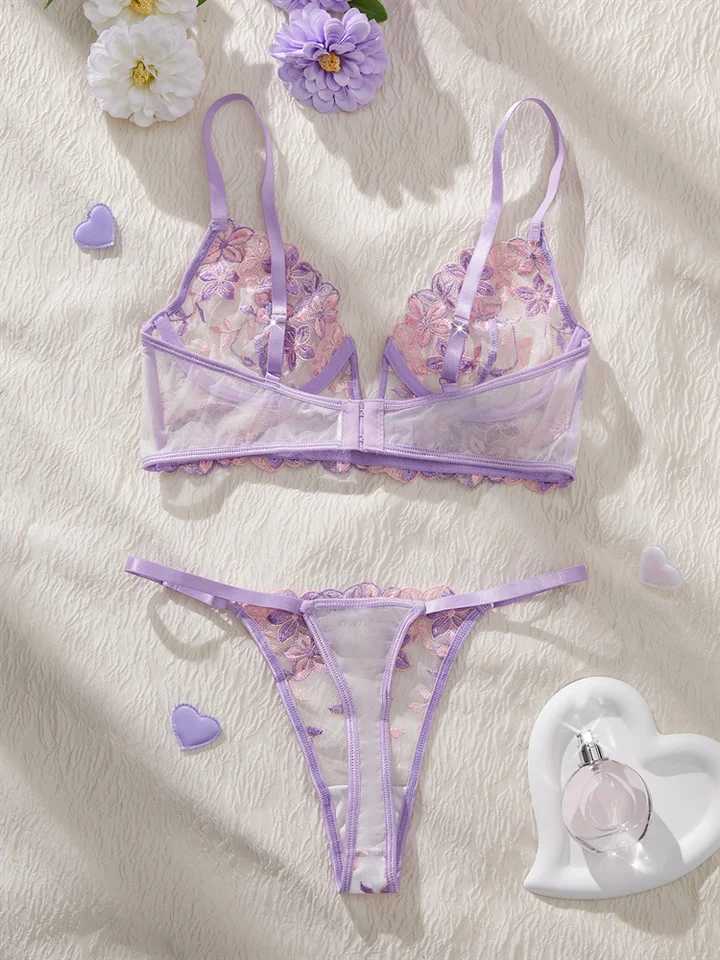 Womens Lingerie Ultra Sexy Romantic Purple Lingerie Set Deep V Push Up Bra Mesh Underwear Bi-color Embroidery Fancy UnderwearXJ250301