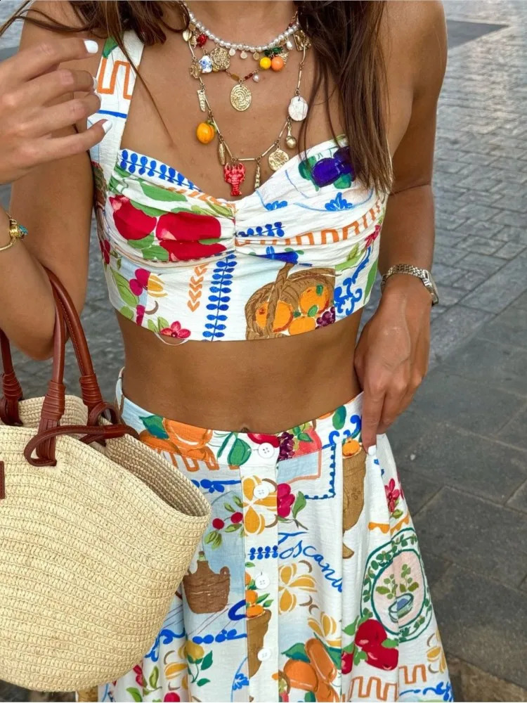 Colorful Printed Suspenders Skirt Set Holiday Bikini Halter Vest Top Women Patchwork Quilted High Waist Beach Half Skirt Summer 250228