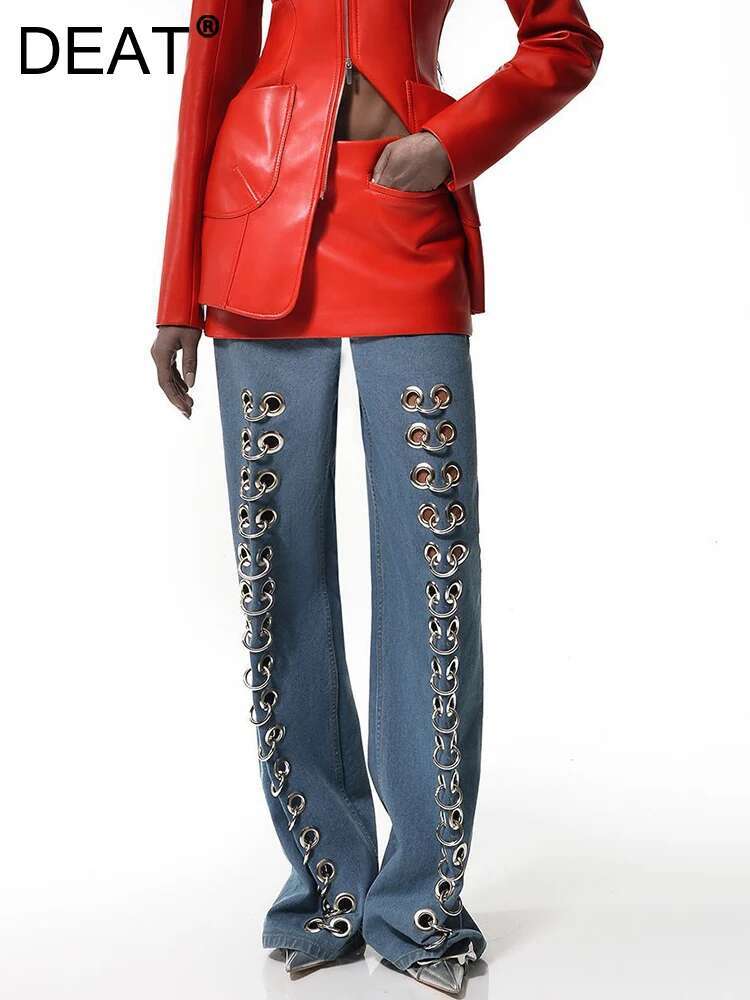DEAT Fashion Women Denim Pants Loose Low-Waisted Metal Hollow Out Or-Length Straight Blue Lady Jeans Spring 2025 New 19F2031