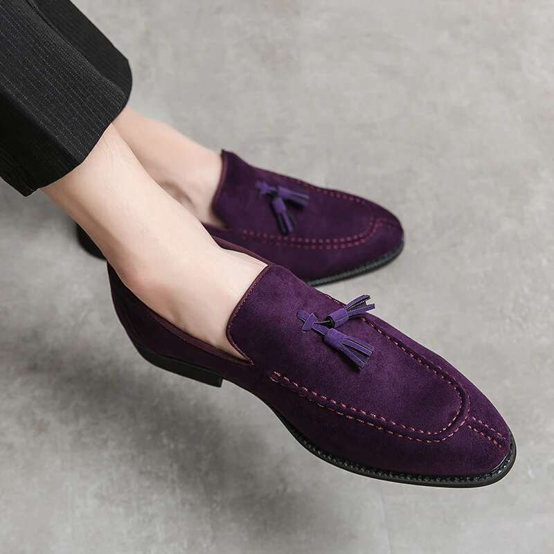 Brand Design Suede Leather Shoes Moccasins Purple Tassel Pointed Men's Loafers Vintage Slip-On Casual Men Social Dress Shoe