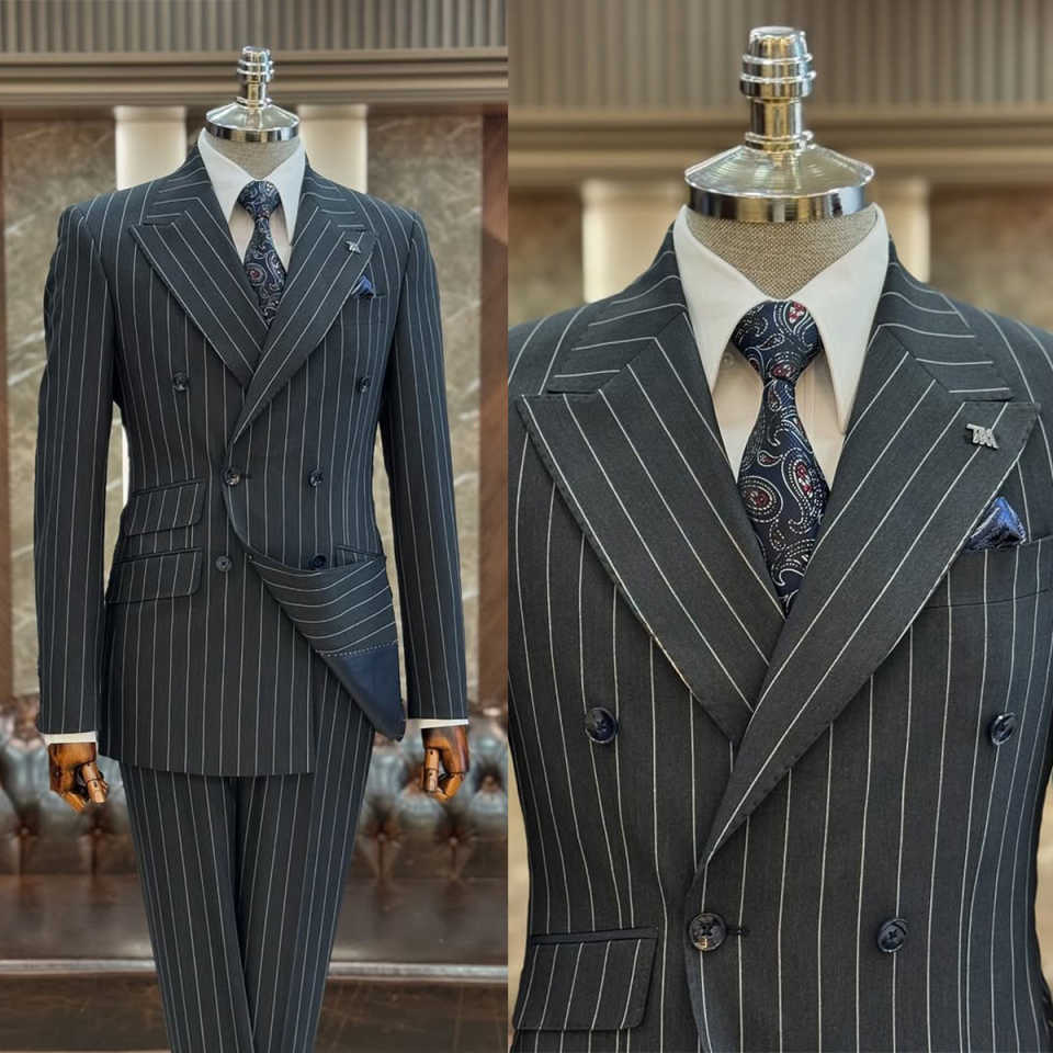 Formal Stripe Men Tuxedos Customized Double Breasted Business Groom Wedding Pants Suits Fashion Show Wear 2 Pieces