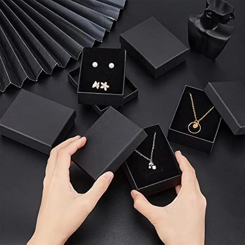 12 Pcs Black Rectangle Jewelry Box 3.5x2.8x1.2 Cardboard Jewelry Boxes with Sponge Inside Kraft Paper Boxes Diy 250222