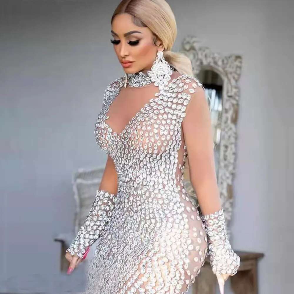 Shinny crystal full mini mermaid high tail neck long sleeves formal evening prom back zipper party dresses