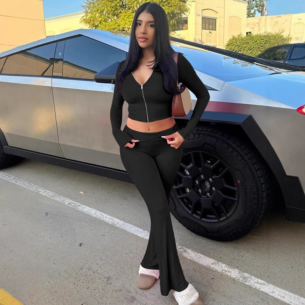 Hot Selling Women's Clothing New Winter New Item Zipper Long Sleeved Hooded Top Trumpet Pants Set