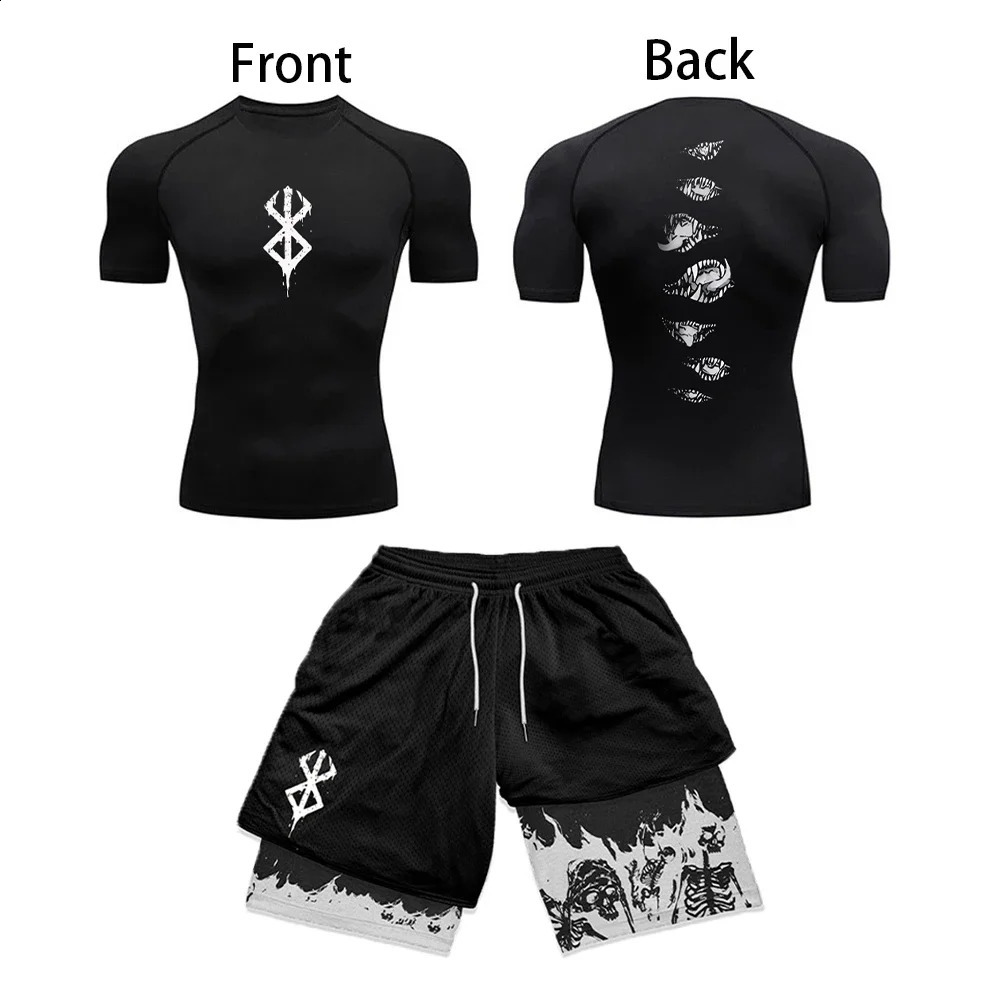 Anime 3D Printed Mens Compression Set short Sleeve Gym TopWorkout Shorts Quick Drying Breathble Athletics Rash Guard Set 250411