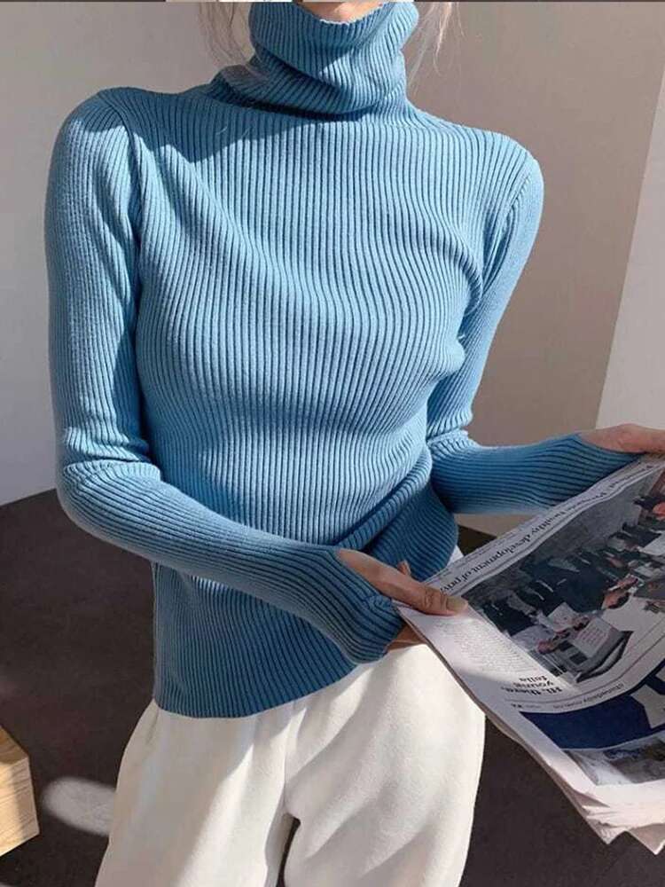 Knitted Women Korean Version Turtleneck Sweater Winter Solid Color Pullover Slimming Interior Lapping Warm Basic Tops