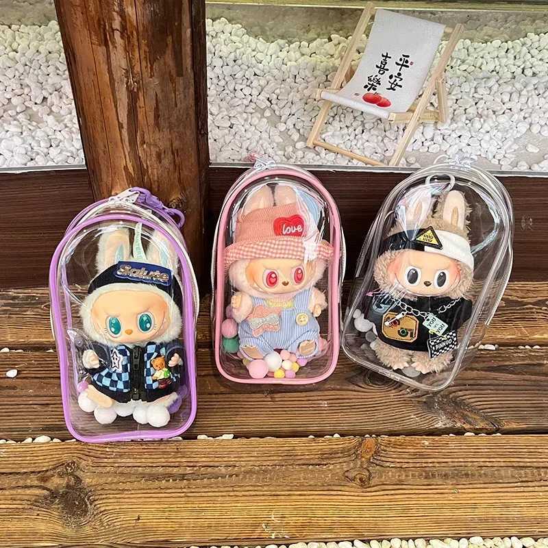 Colorful Transparent Protector Case Organizer Box for 17cm Labubu Plush Dolls Outdoor Display Bag With Keychain Doll Accessories W250301