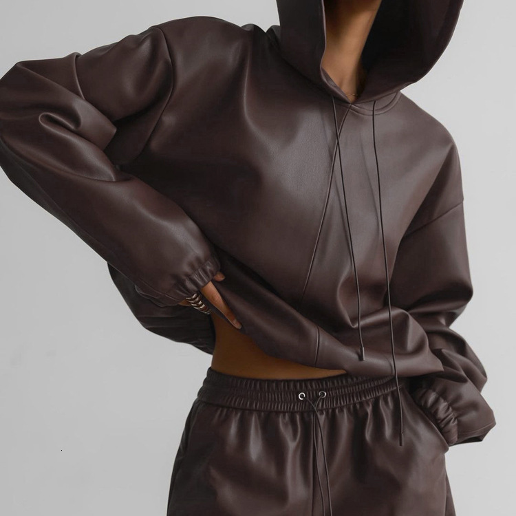 New4 Spring New Fashion Hooded Leather Sweater Shorts Trendy Street Women's Two Piece Set