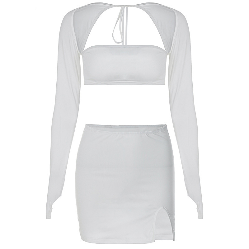 Wind Women's Clothing New Summer New Sexy Strapless Hollow Long Sleeved Top Slim Fit Split Skirt Set