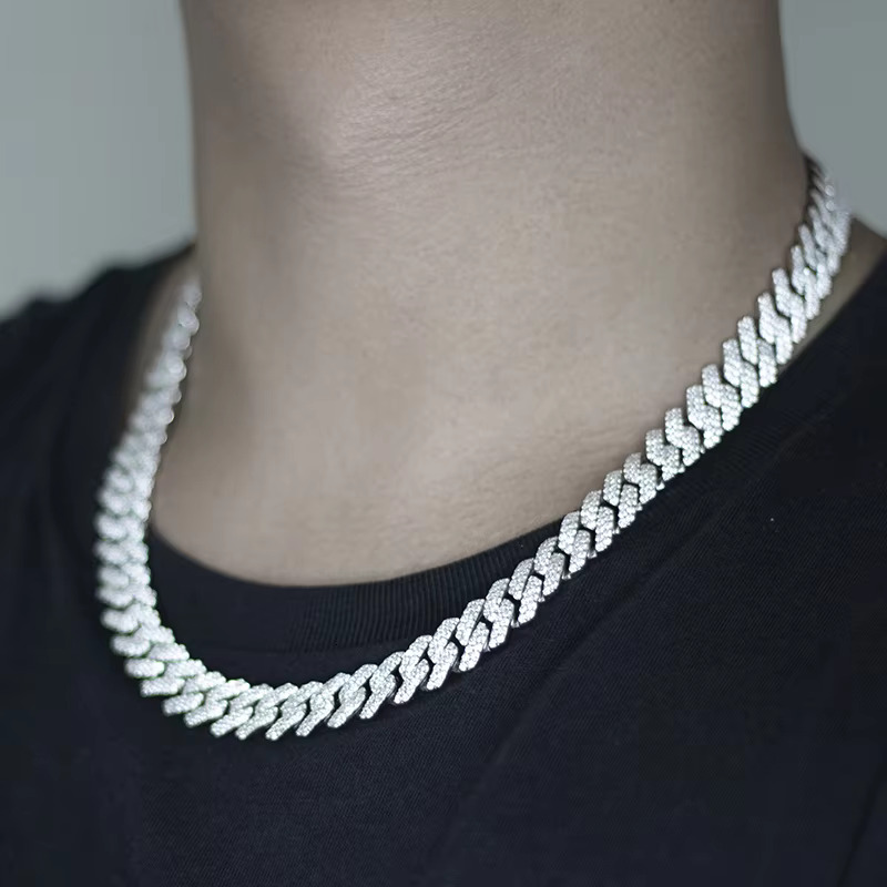 Hip Hop Jewelry 925 Sterling Silver Cuban Necklace 12mm Iced Out Moissanite Cuban Link Chain