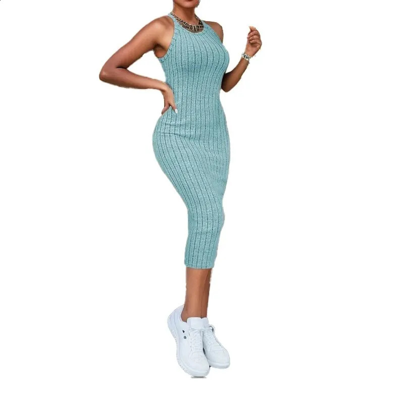 Solid Halter Neck Bodycon Dress Dodycon Fashion Ribbed Midi Sleeveless Knit Tank 250226