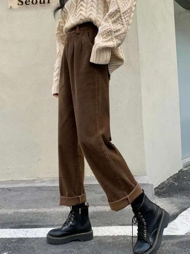 Vintage Corduroy High Waist Spring Straight Trousers Causal Pockets All Match Female Black Korean Pants