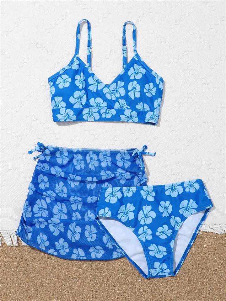 Bikini Kids Girls Swimsuit 2025 Blue Print Sling Set Children Summer Three Piece Beachwear Bathing Suits 250227