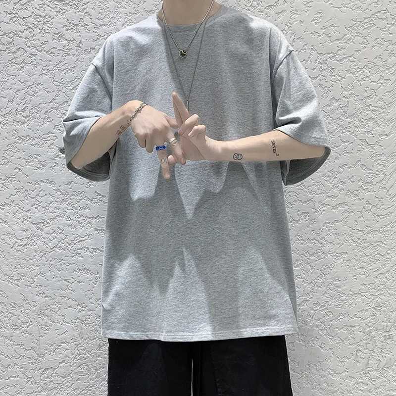 Oversized Summer Short Sleeve Mens T Shirt New Fashion Solid Color Loose O-Neck T Shirts Cotton Hip Hop Streetwear Top TeesT250307