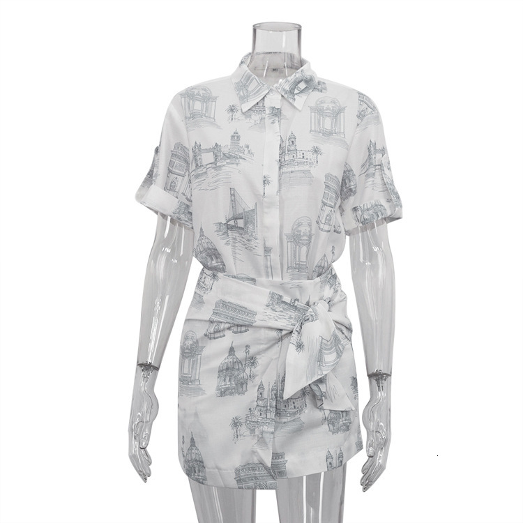 New4 New Women's Fashion Short Sleeve Shirt Strap Bag Hip Wrapping Half Skirt Printed Two Piece Set