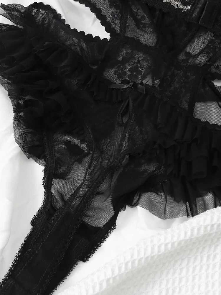 Sexy lace one-piece sling sleepwear French cut pleated strapless lingerie set bra lingerieXJ250301