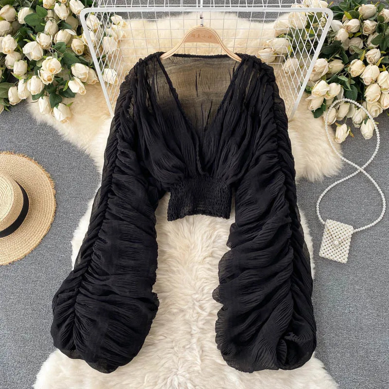 Womens Blouse Sexy Deep V Neck Tops Full Puff Sleeve Tight Waist Top Shirts Slim Fit Blouses Elegant Splice Pleated Shirt 250225