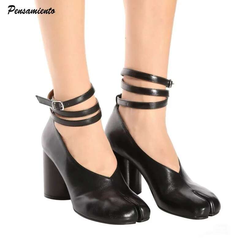 Ins Style Vintage Soft Leather Split Toe Tabi Women Pumps Fashion Ankle Strap Thick High Heels Spring Autumn Casual Chunky Shoes 250312