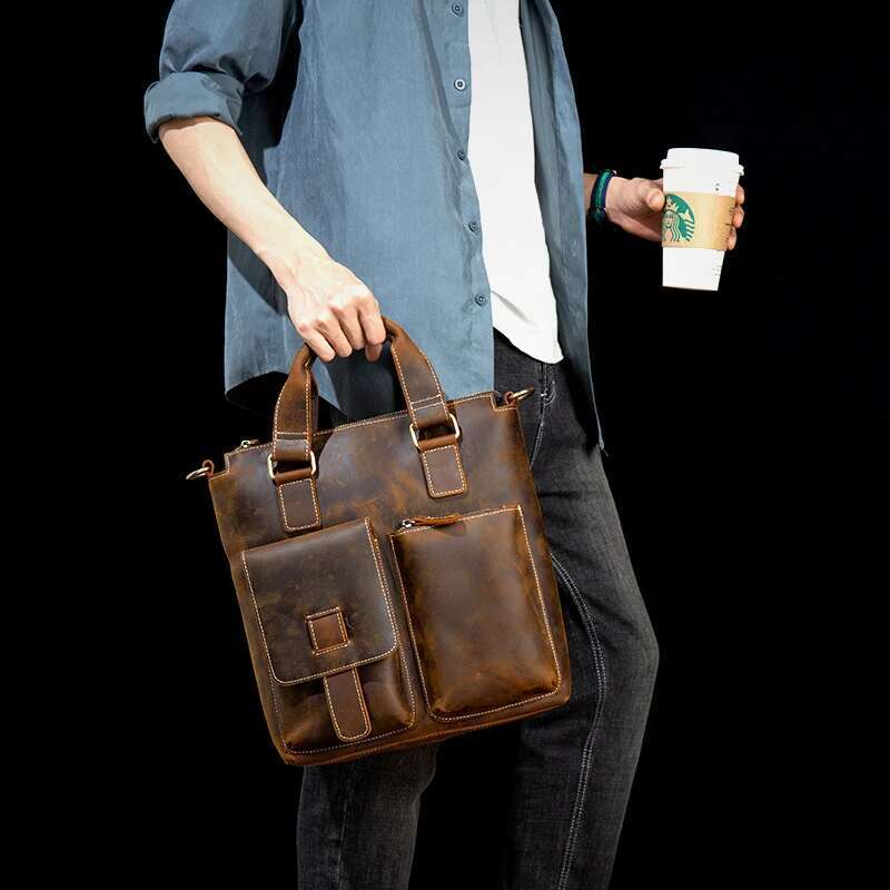 Crazy Horse Handbag Men's Casual Leather Briefcase Retro Handmade Shoulder Crossbody Bag