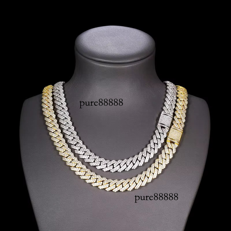 Hip hop 2 rows 12mm pure sier platinum gold-plated chilled VVS silica Cuban chain rock jewelry
