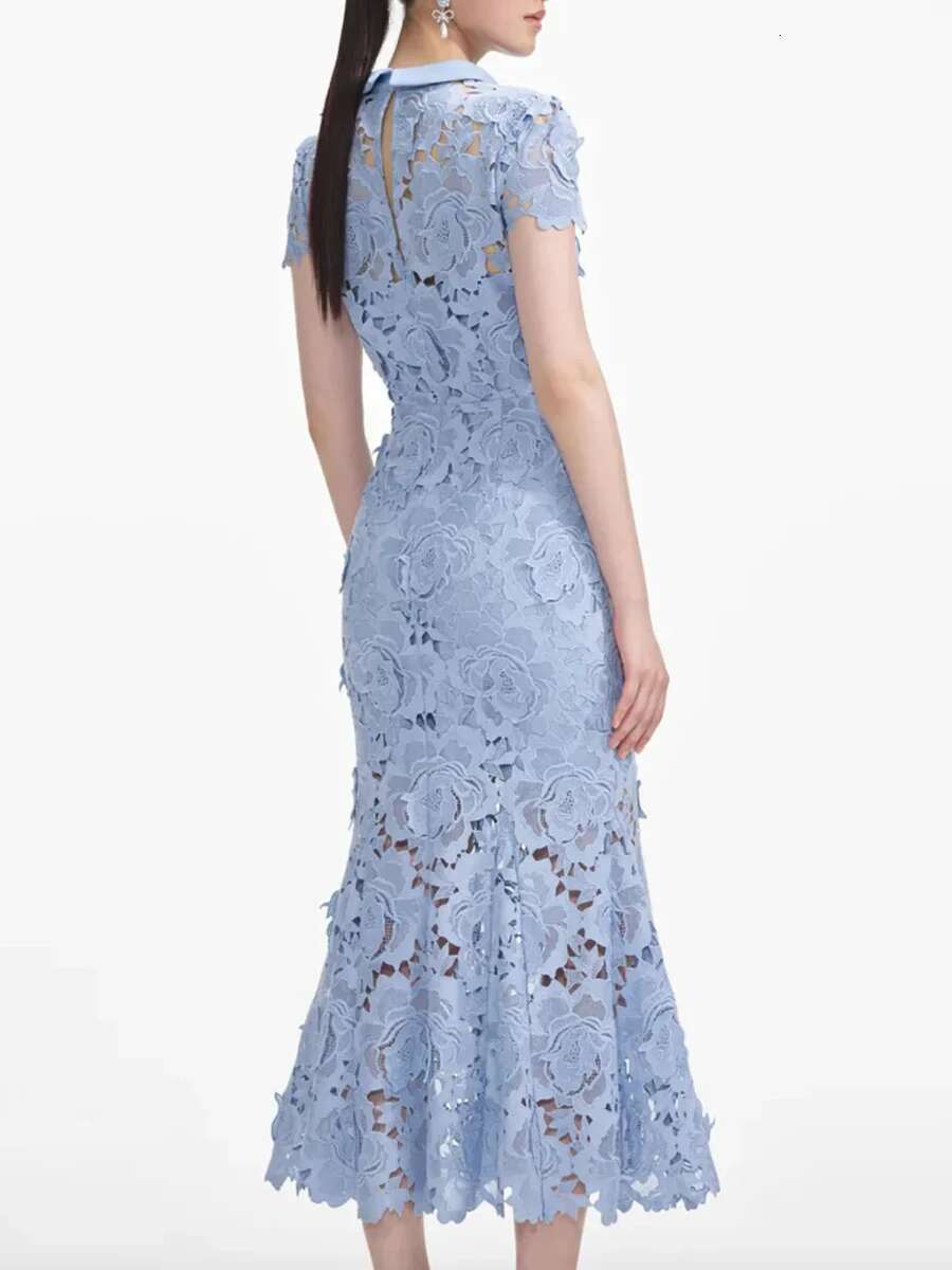Solid Spliced Hollow Out Evening Dresses For Women Stand Collar Short Sleeve High Waist Slimming Folds Elegant Dress Female
