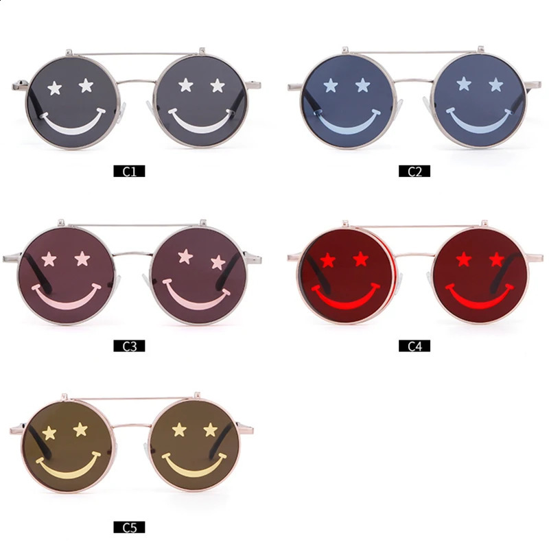WHO CUTIE Round Flip Up Sunglasses Women Men Vintage Retro Steampunk Metal Frame Red Yellow Clip On Funny Sun Glasses OM486 250221