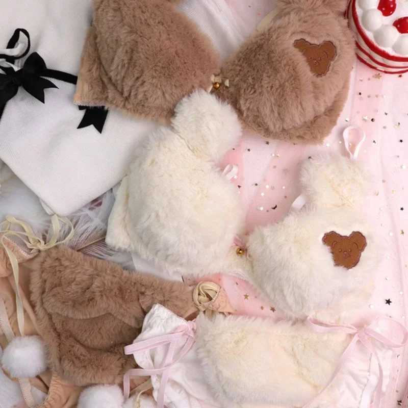 2Pcs Womens Lolita Kawaii Bra Panty Set Cute Bear Embroidery Fluffy Faux Fur Underwire Underwear Plush Ball Bow Japanese Anime LXJ250301