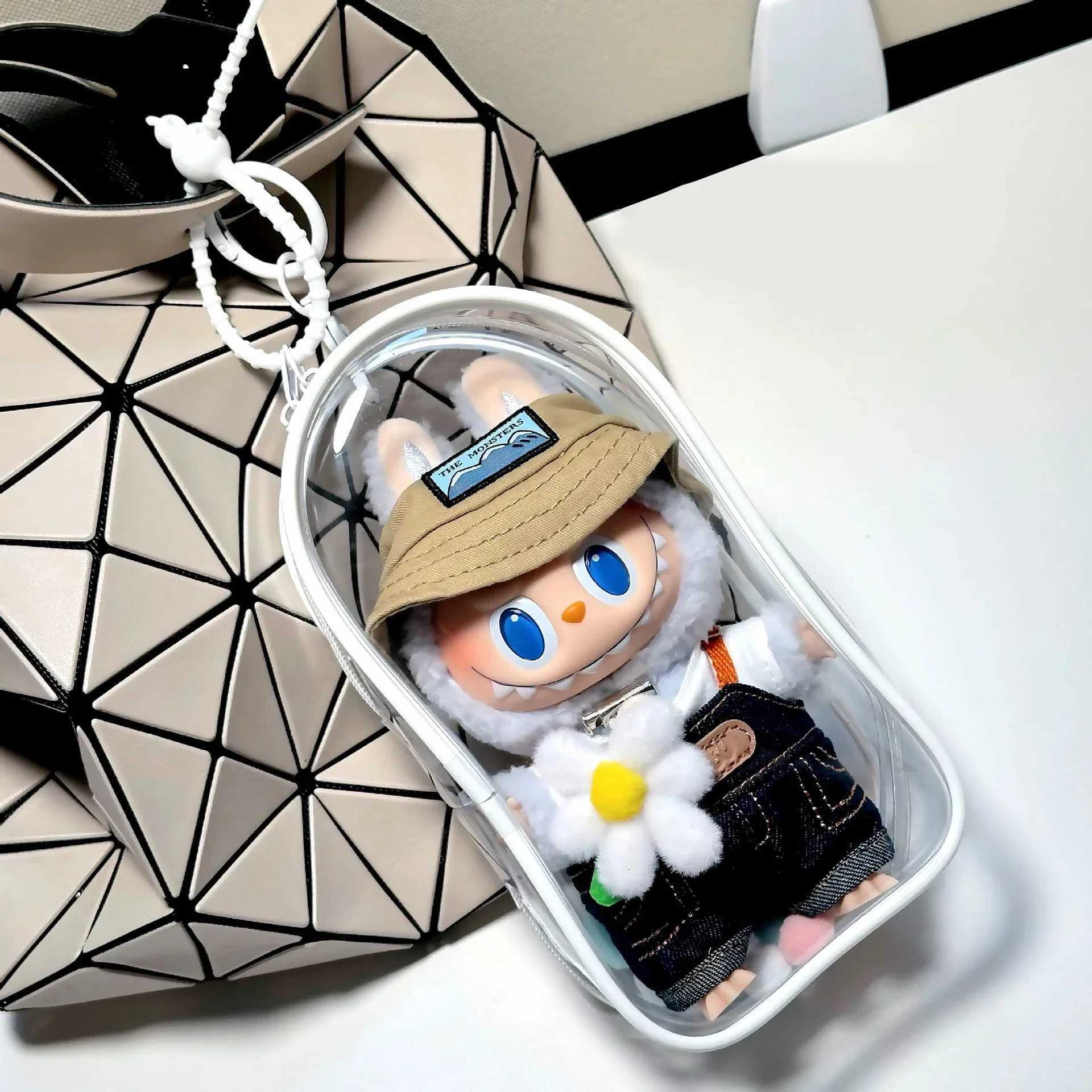 Colorful Transparent Protector Case Organizer Box for 17cm Labubu Plush Dolls Outdoor Display Bag With Keychain Doll Accessories W250301