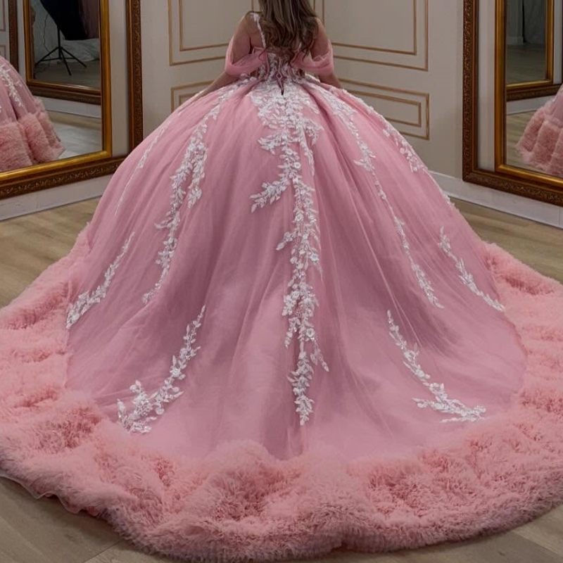 Pink Quinceanera Dresses Ball Gown Off Shoulder Applique Lace Beading Tull Tiered Corset Sweet 16 Dress Vestidos 15 De Anos