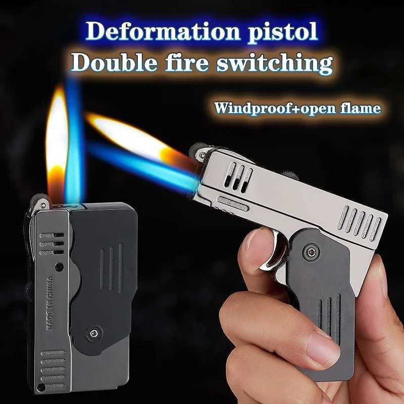 Metal Double Fire Personalized Deformable Pistol Direct Charge Plus Open Fire Lighter Spitfire Windproof Fun Lighter GiftT250301