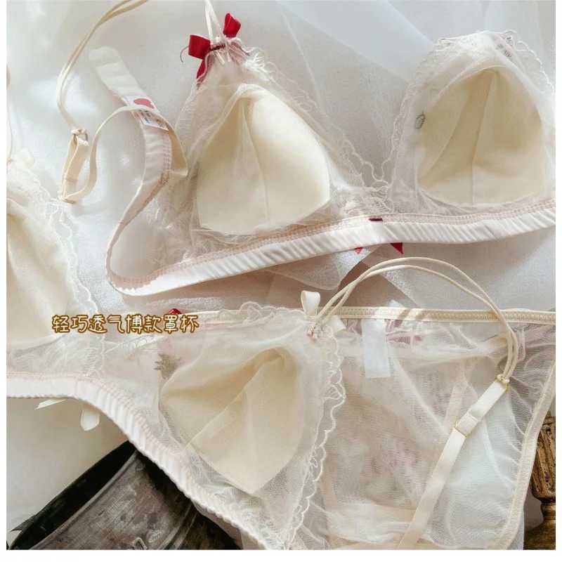 French Sexy Lace Embroidery Lingerie No Underwire Bra Set Cute BowXJ250301